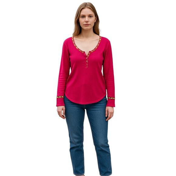 We The Free Pink Long Sleeve‎ Patterned Trim Buttoned Henley Shirt Size Large - Picture 1 of 7